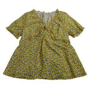 Yellow Floral Short Sleeve V-neck Blouse Women Size L Country Cottage